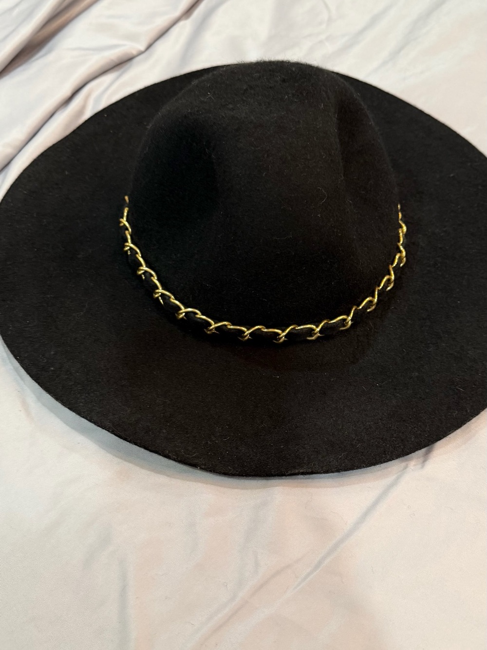 bebe Black Wide-Brim Wool Hat with Gold Chain Trim